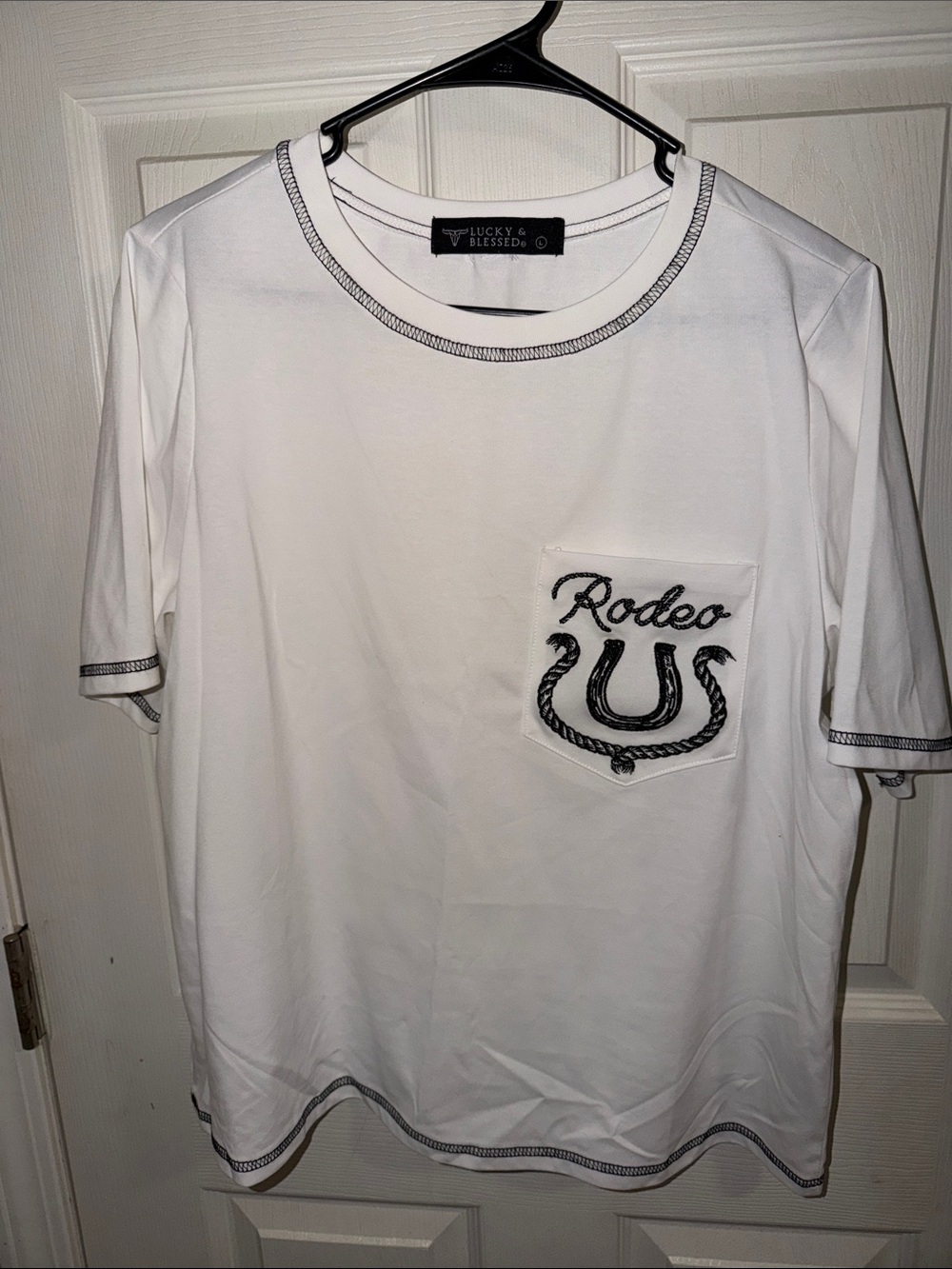 Lucky & Blessed White Short Sleeve Pocket Tee with Rodeo Embroidery